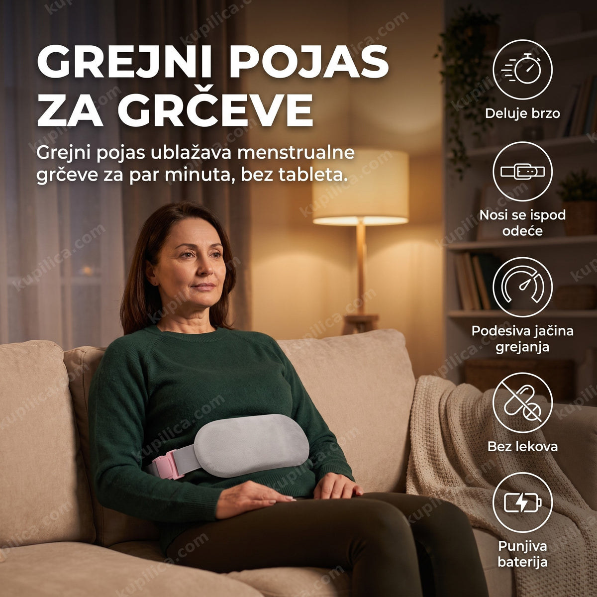 žena na kauču sa grejnim pojasom oko stomaka za menstrualne bolove, benefiti proizvoda
