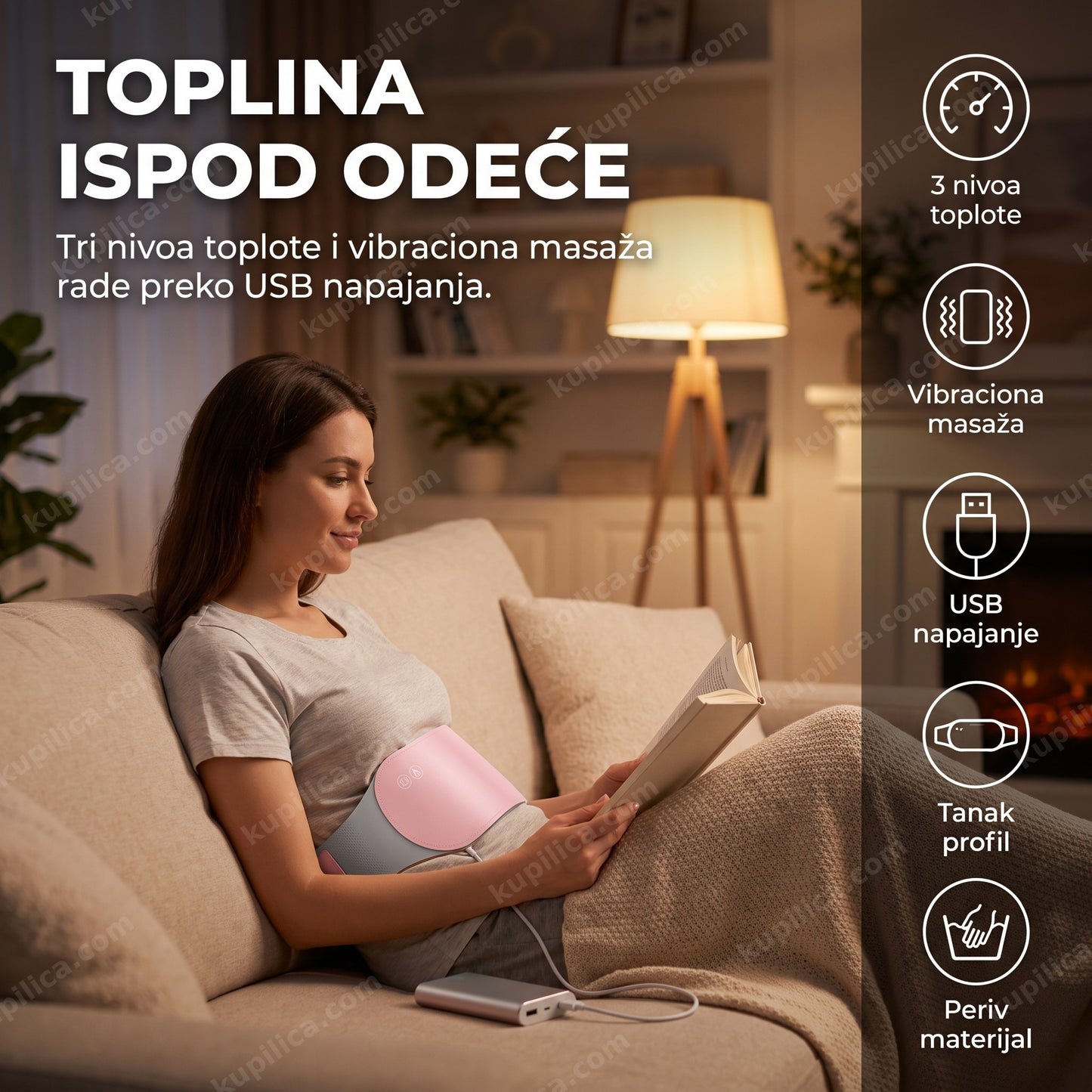 Grejni pojas za stomak sa masažerom — USB, 3 nivoa toplote