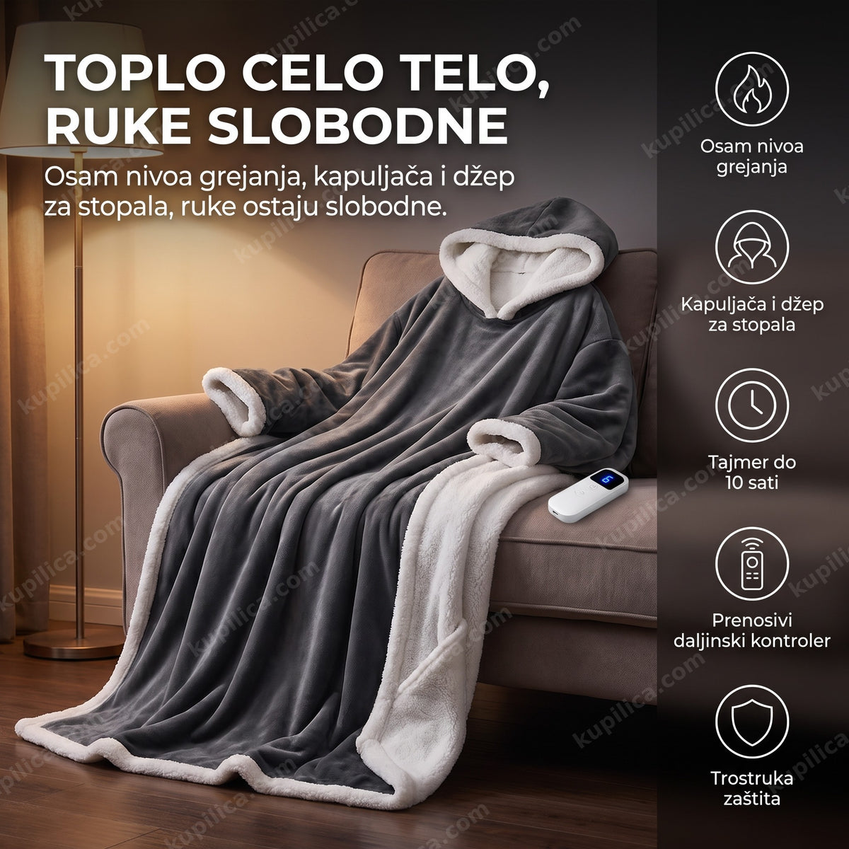 sivo grejno ćebe sa kapuljačom i rukavima prebačeno preko fotelje uveče