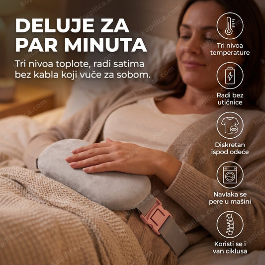 grejući pojas za menstrualne bolove - žena drži grejni pojas Bella Comfort Belt uz stomak, benefiti proizvoda