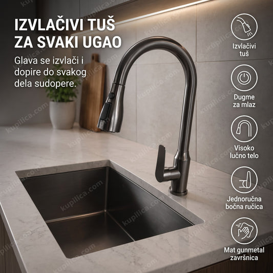 gunmetal kuhinjska slavina sa izvlačivim tušem na mermernoj radnoj ploči