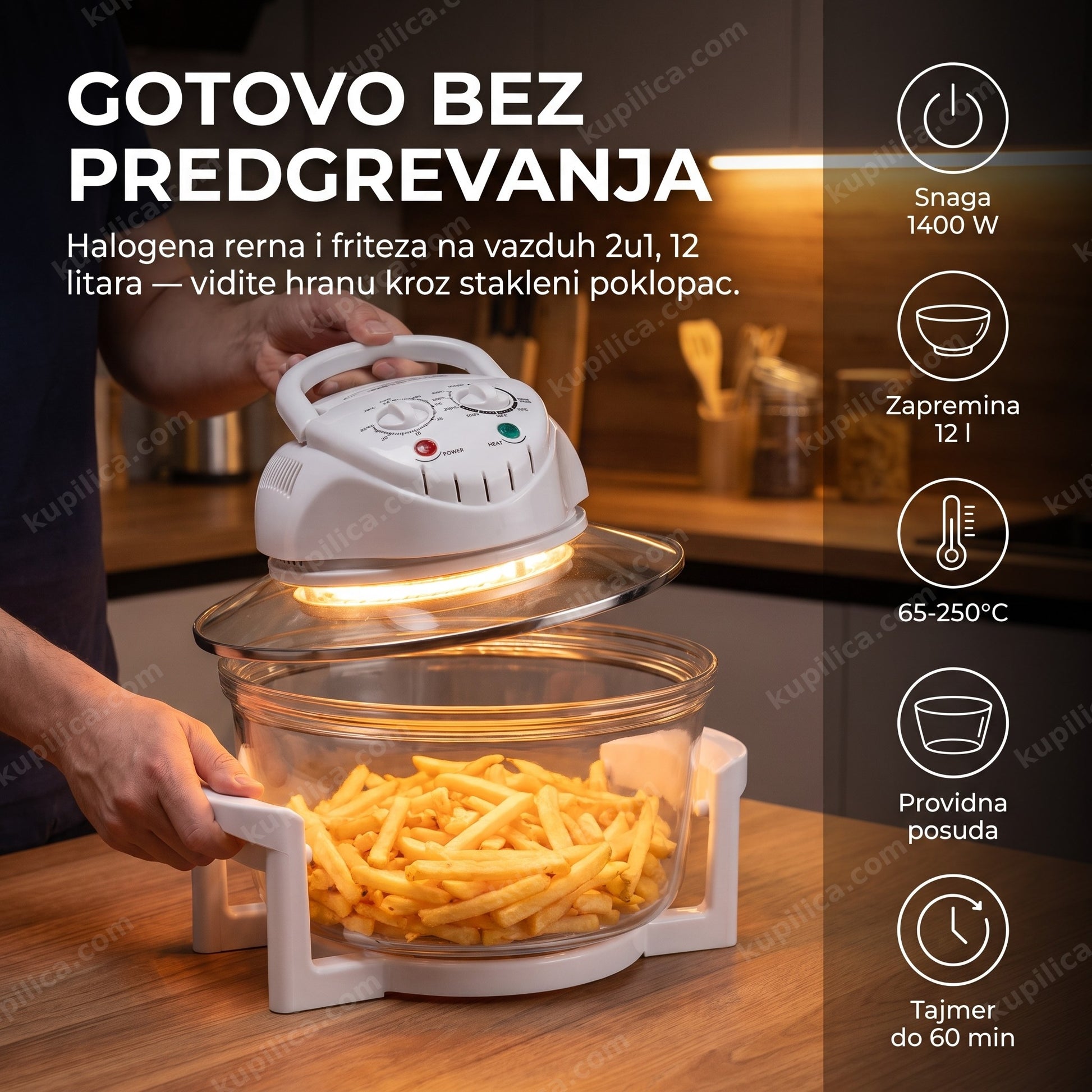 Mühler MFC-1200 halogena rerna i air fryer 2u1 — odrasla osoba vadi hranu iz staklene posude, providan poklopac, kuhinjski pult