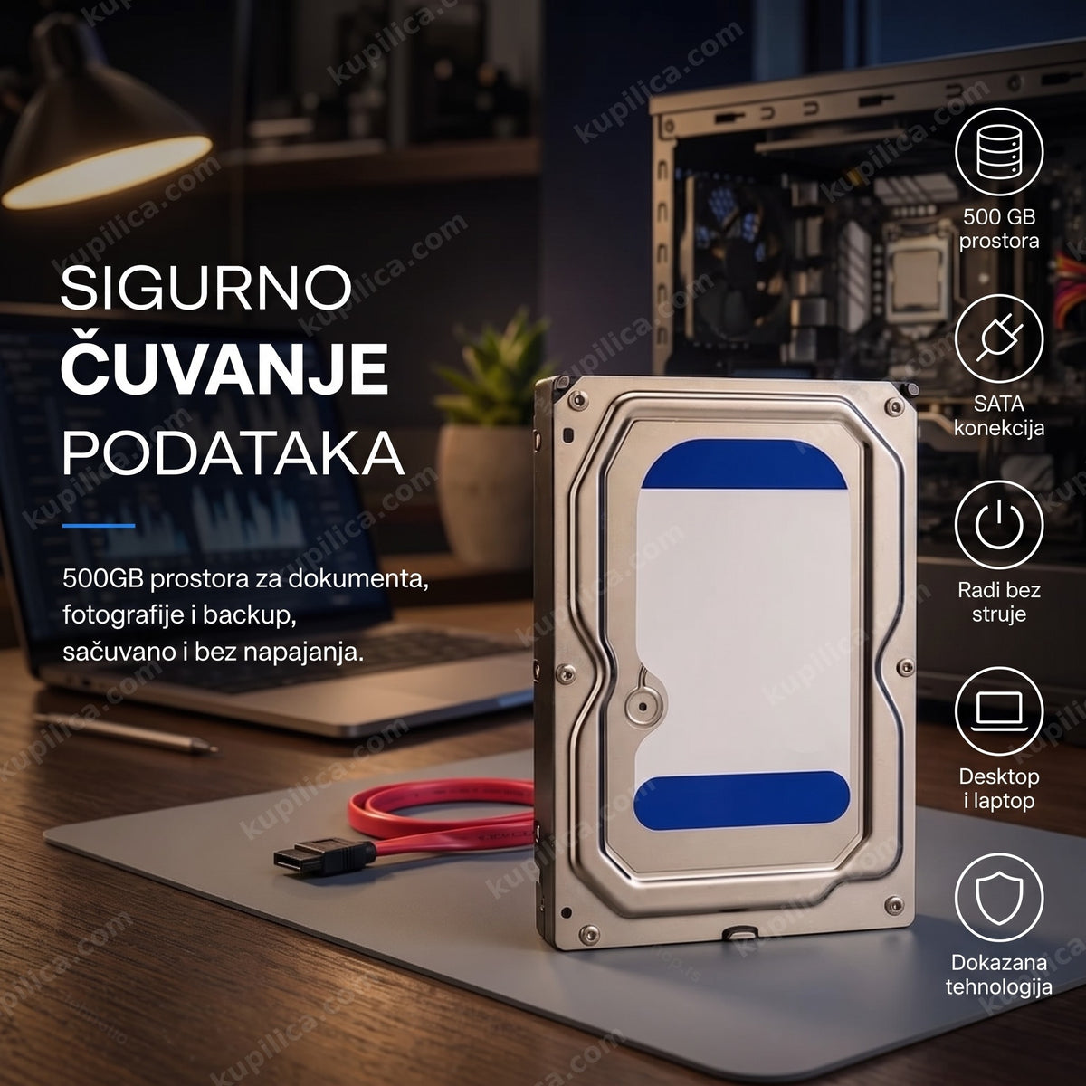 hard disk 500gb sata za desktop računar pored otvorenog kućišta