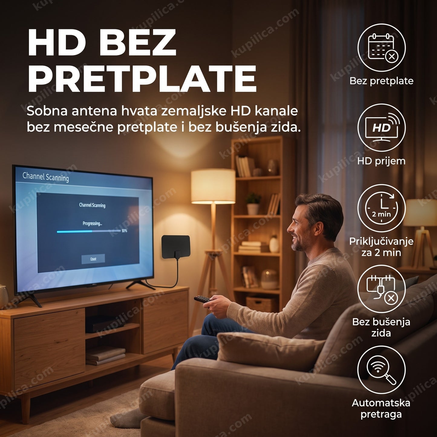 hd bez pretplate — digitalna sobna TV antena na televizoru u dnevnoj sobi, benefiti proizvoda