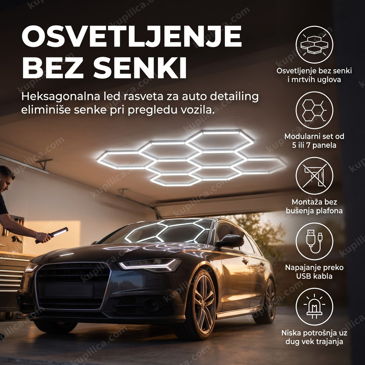 heksagonalna led rasveta na plafonu garaže iznad automobila, benefiti proizvoda