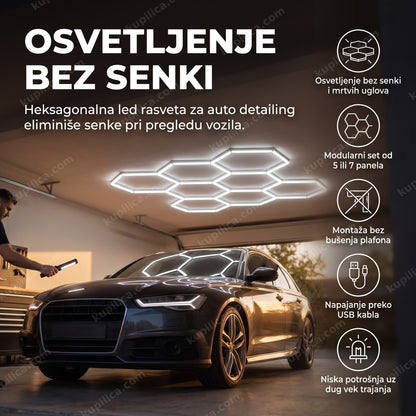 heksagonalna led rasveta na plafonu garaže iznad automobila, benefiti proizvoda