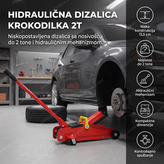 crvena hidraulična dizalica krokodilka 2t ispod podignutog automobila u garaži, benefiti proizvoda