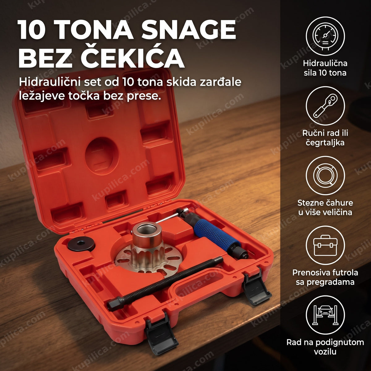 hidraulični alat za skidanje ležajeva točka u otvorenom radioničkom koferu