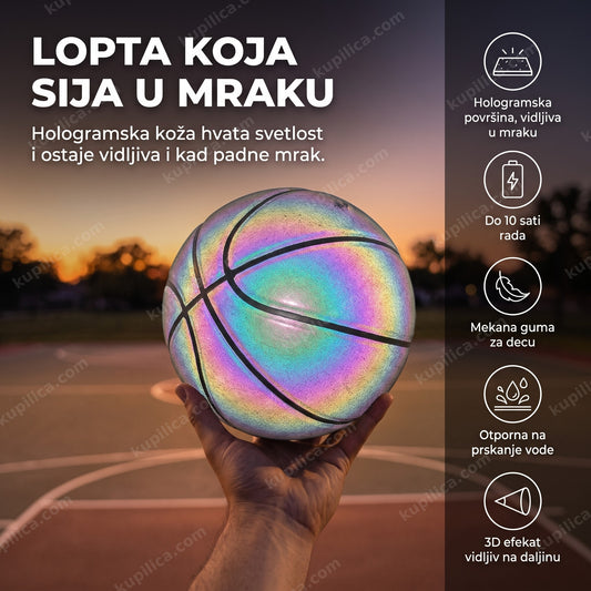 hologramska košarkaška lopta koja sija na terenu uveče, benefiti proizvoda