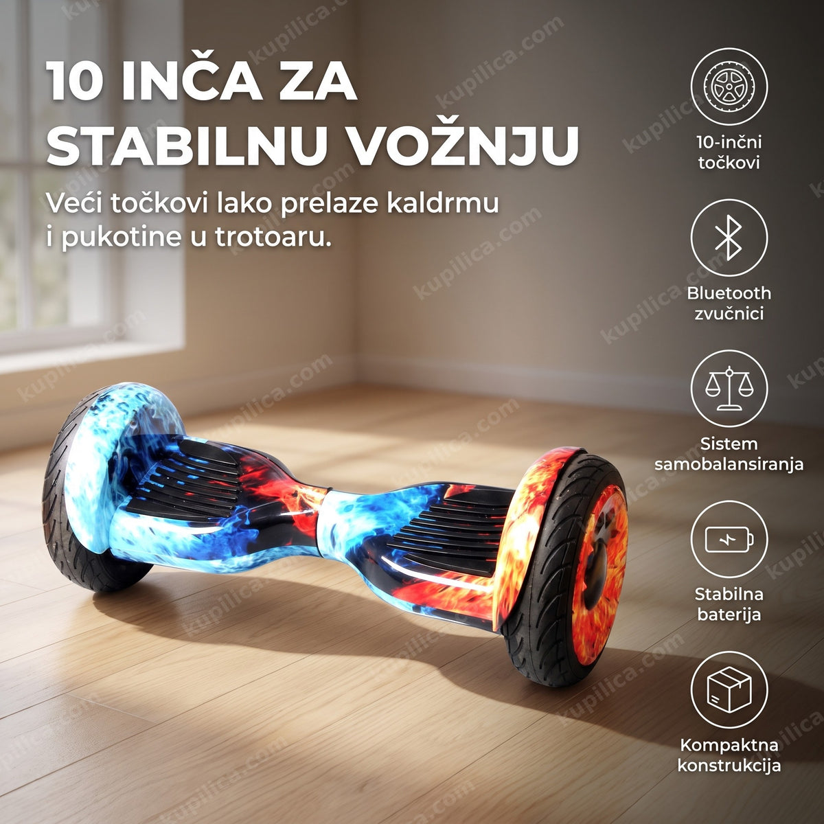 hoverboard sa 10-inčnim točkovima i bluetooth vezom u plameno-plavom dizajnu