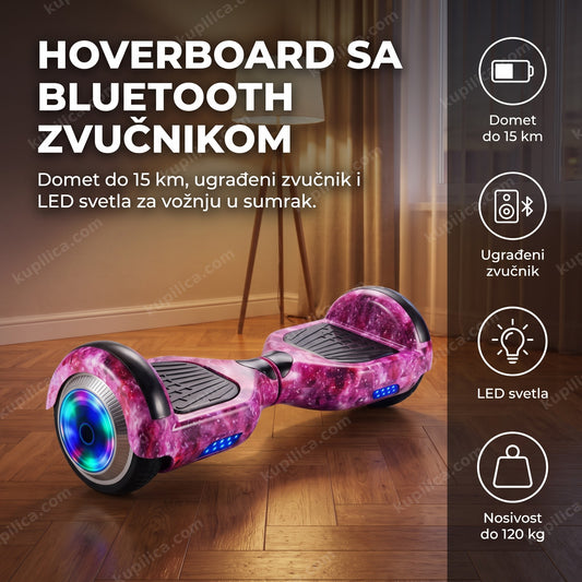 Hoverboard sa LED svetlima na točkovima u dnevnoj sobi, prikaz benefita proizvoda