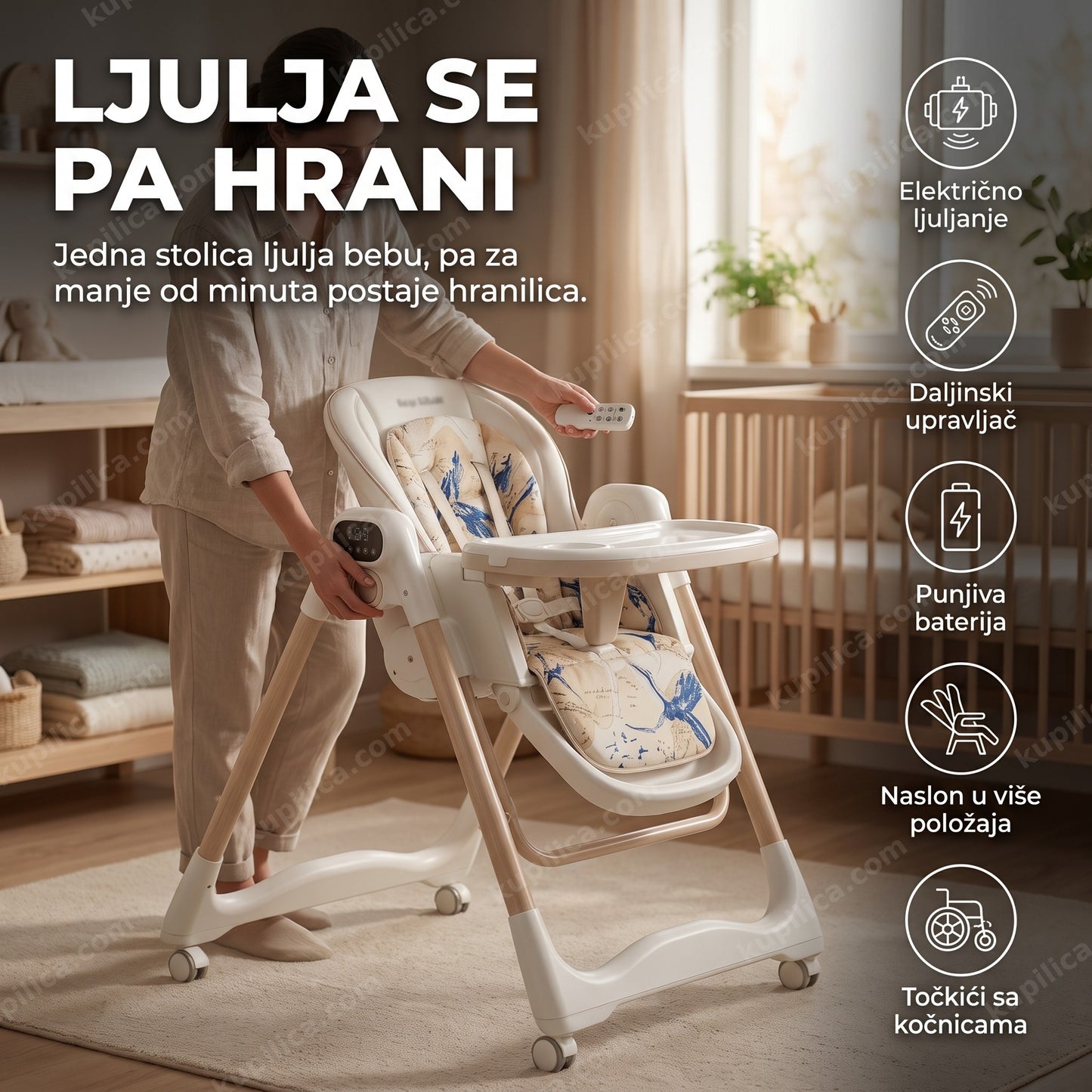 Hranilica ljuljaška 2 u 1 sa daljinskim upravljačem i punjivom baterijom