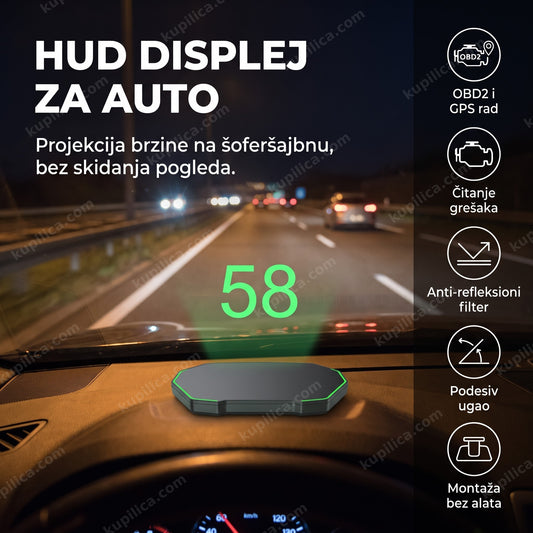 HUD displej na tabli automobila projektuje broj brzine noću na šoferšajbnu