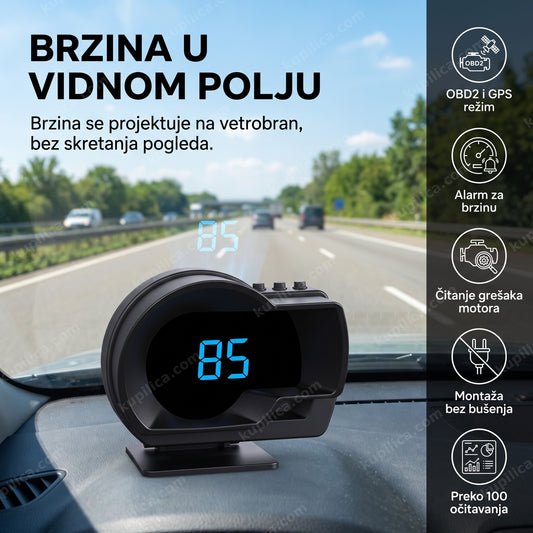 Crni HUD displej za auto prikazuje brzinu 85 tokom dnevne vožnje