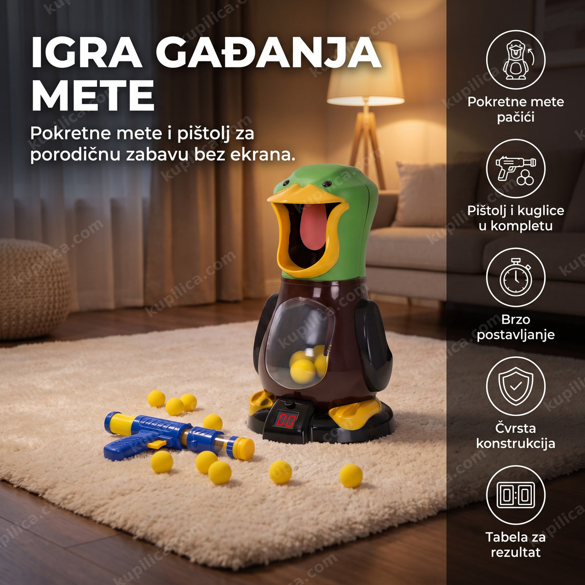 Igra gađanja mete sa pačićima i pištoljem na kuglice postavljena u dnevnoj sobi