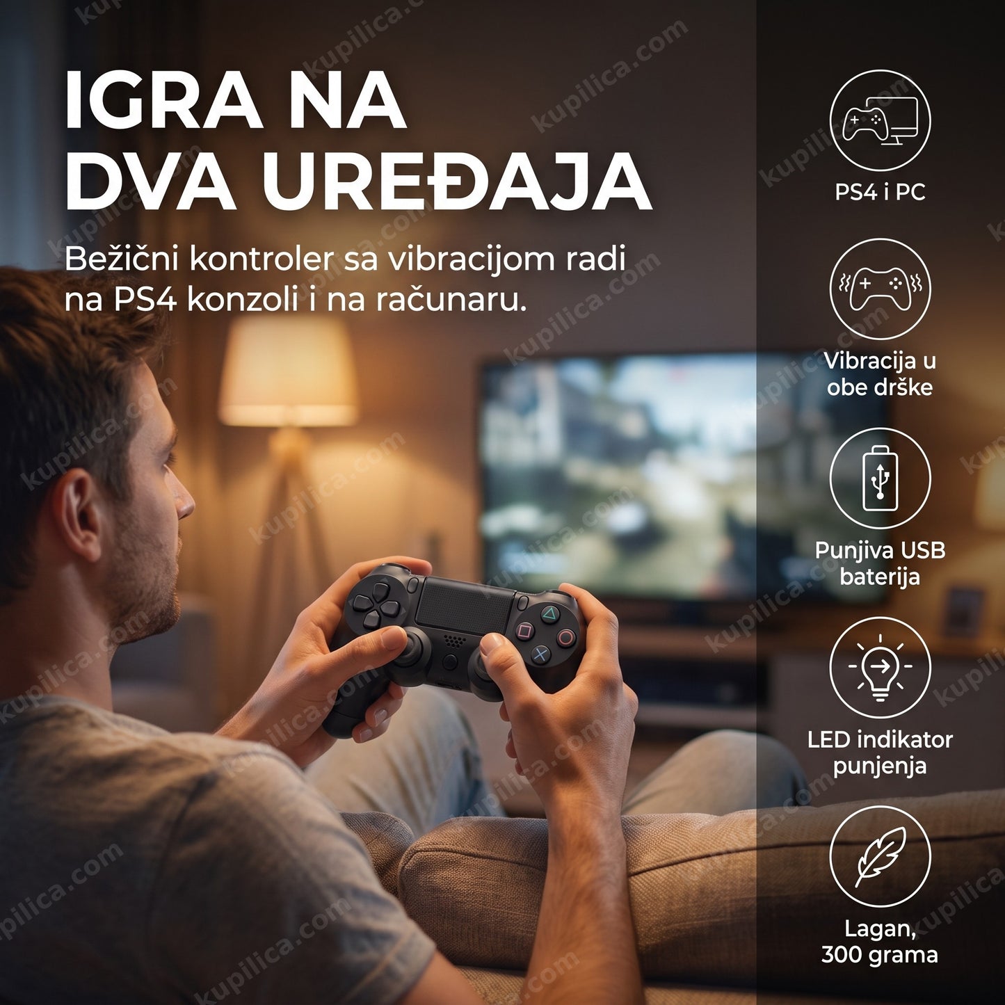 igra na dva uređaja — igranje sa bežičnim Doubleshock 4 džojstikom na kauču uveče, benefiti proizvoda