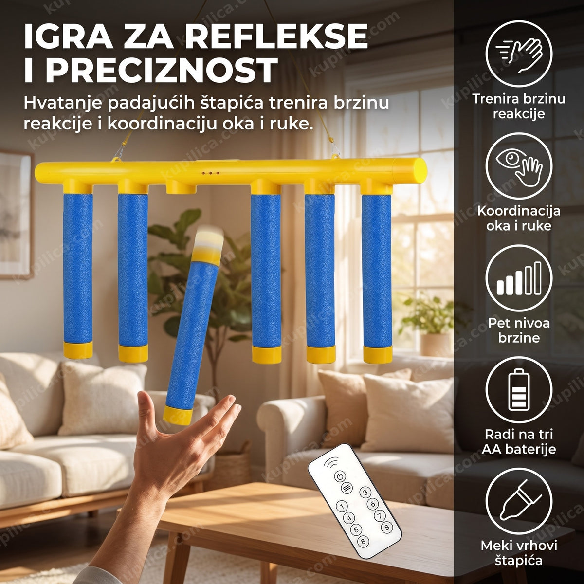 Odrasla ruka hvata padajući štapić igre za reflekse i preciznost, benefiti proizvoda