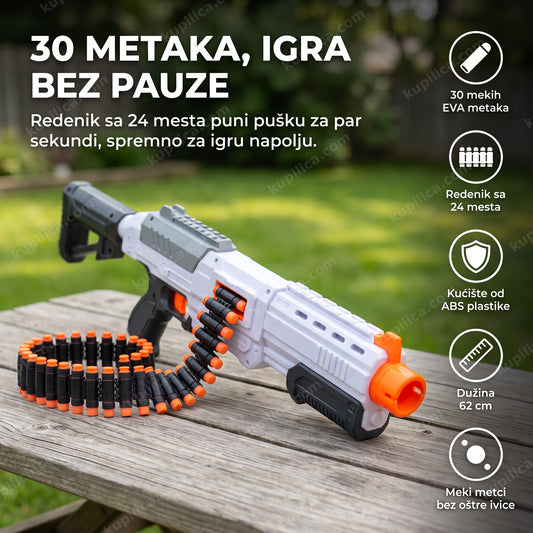 igračka puška na mekane metkiće sa redenikom i narandžastim vrhom cevi