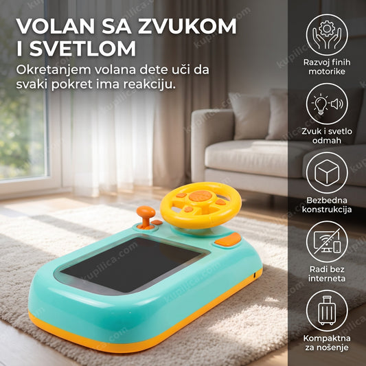 Tirkizna igračka volan za decu sa žutim točkom, zvukom i svetlima i benefiti proizvoda