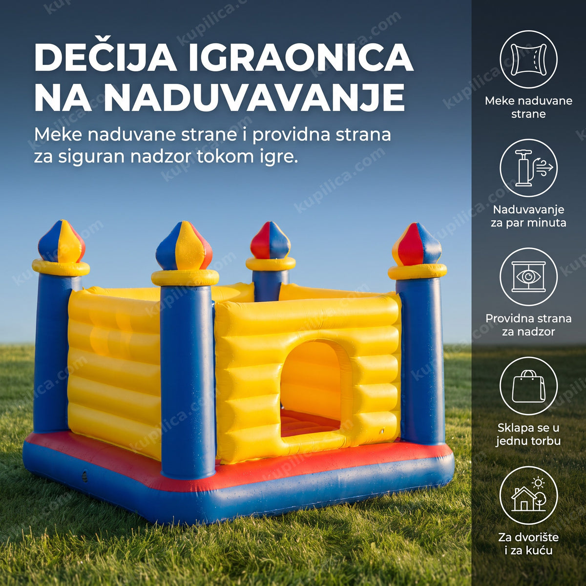 Žuto-plava igraonica na naduvavanje za decu na travnjaku ujutru