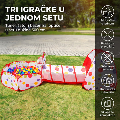 igraonica za decu 3 u 1 sa tunelom, šatorom i bazenom za loptice, benefiti proizvoda