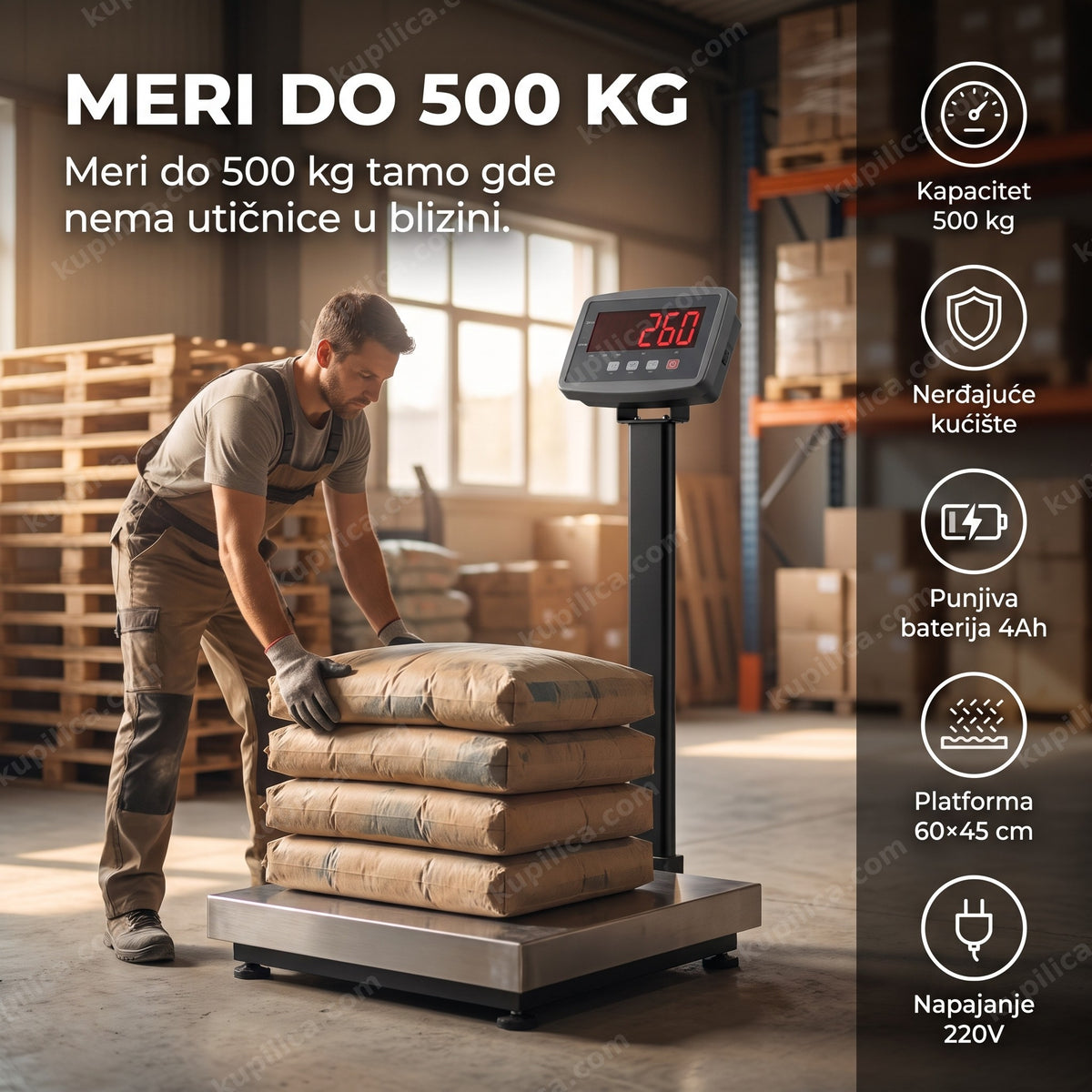 industrijska vaga 500kg u magacinu meri vreće cementa na paleti, benefiti proizvoda