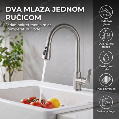 inox kuhinjska slavina sa izvlačivim tušem ispira povrće u sudoperi