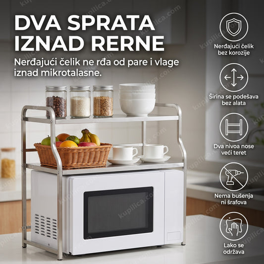 inox polica za mikrotalasnu sa dva nivoa iznad rerne u kuhinji