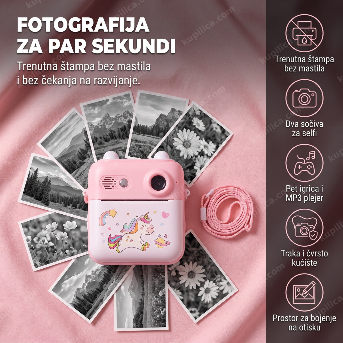 Instant kamera za decu sa jednorogom i odštampanim fotografijama pejzaža