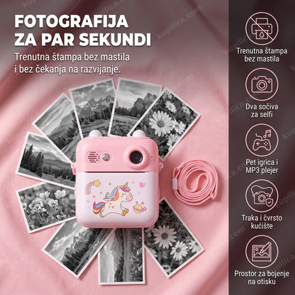 Instant kamera za decu sa jednorogom i odštampanim fotografijama pejzaža