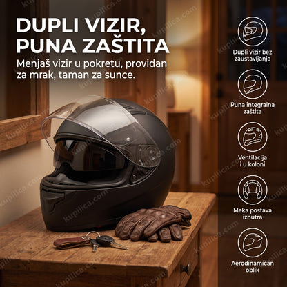 Integralna moto kaciga mat crna sa duplim vizirom na stolu, benefiti proizvoda