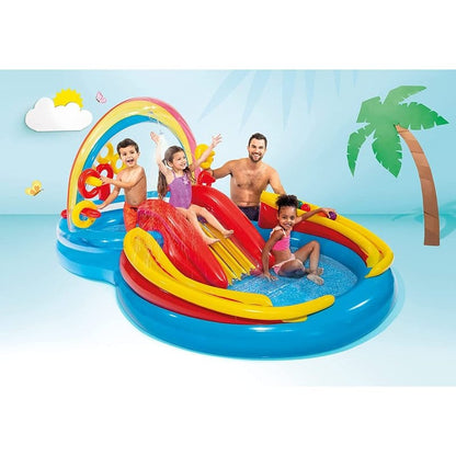 intex rainbow bazen sa toboganom i porodicom ispod duginog luka