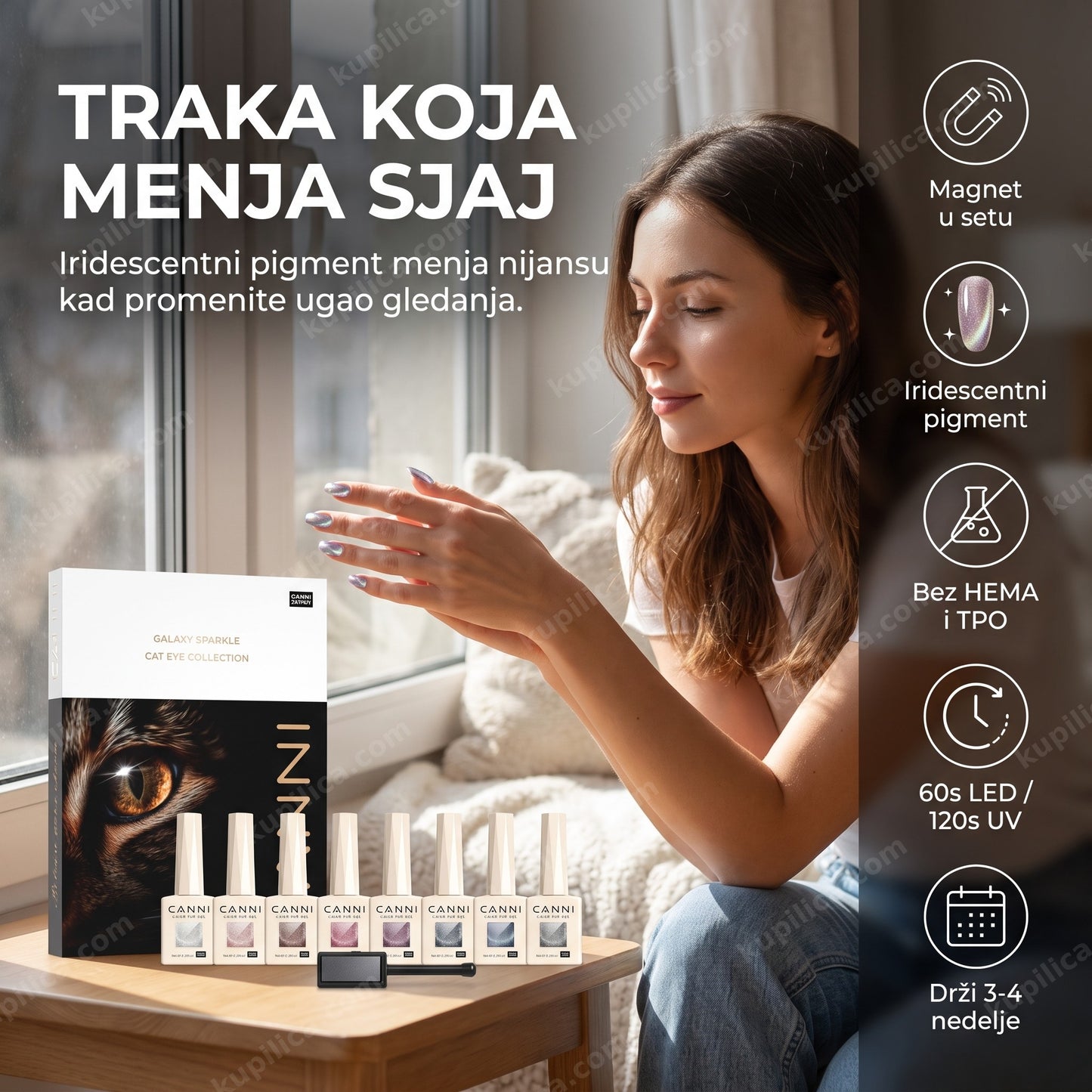 iridescentni cat eye gel lak — žena posmatra šarolik odsjaj na noktima, benefiti proizvoda