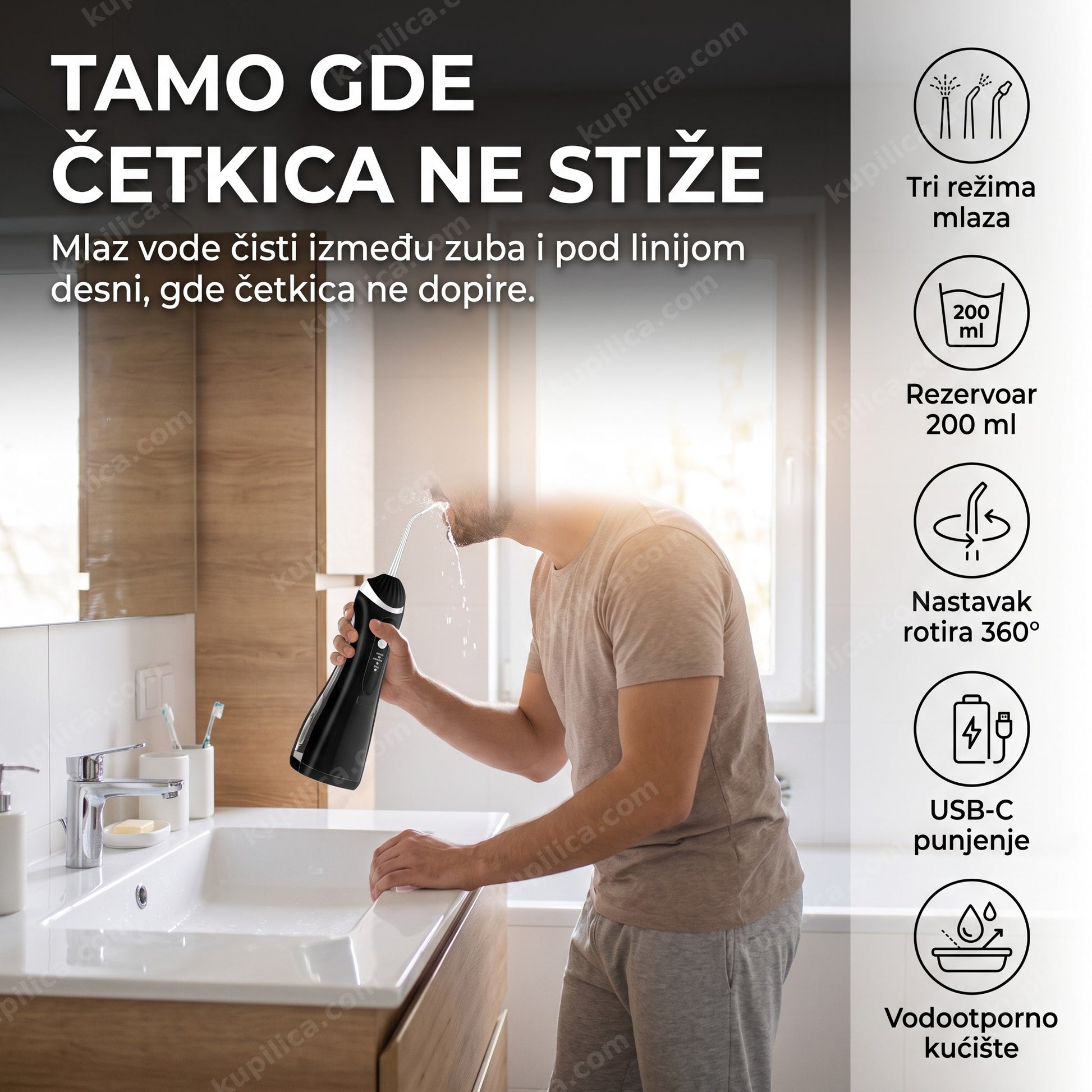 irigator za zube — osoba koristi irigator nad lavaboom kod kuće, benefiti proizvoda