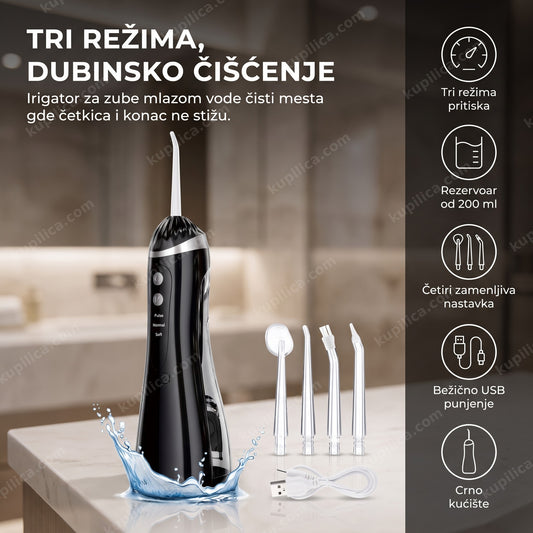 crni bežični irigator za zube sa mlazom vode i nastavcima u kupatilu