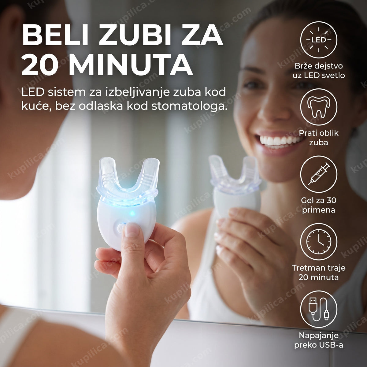 osmeh odrasle osobe sa belim zubima i LED aparatom za izbeljivanje zuba, benefiti proizvoda