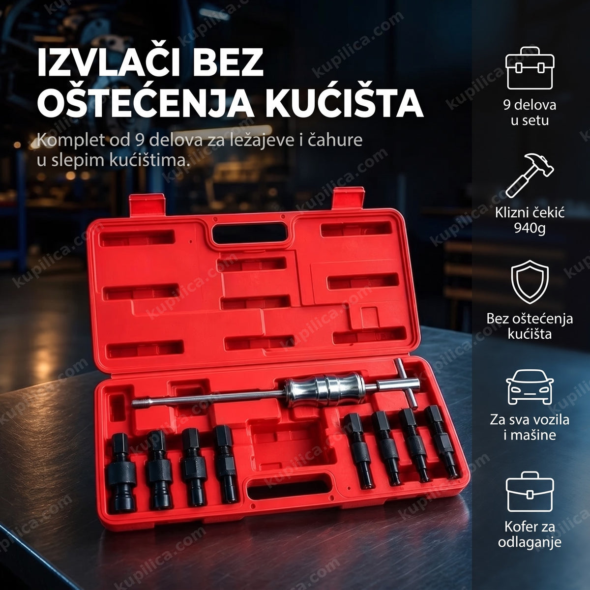 izvlakač ležajeva sa kliznim čekićem — otvoren kofer sa 9 delova seta