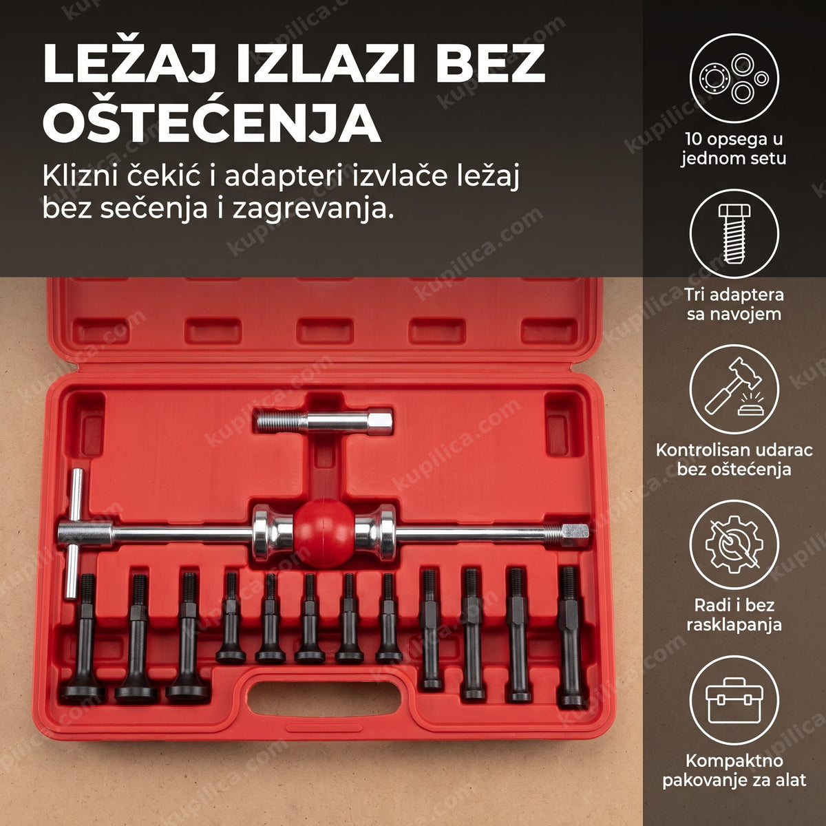 izvlakač ležajeva sa kliznim čekićem i adapterima u kutiji alata