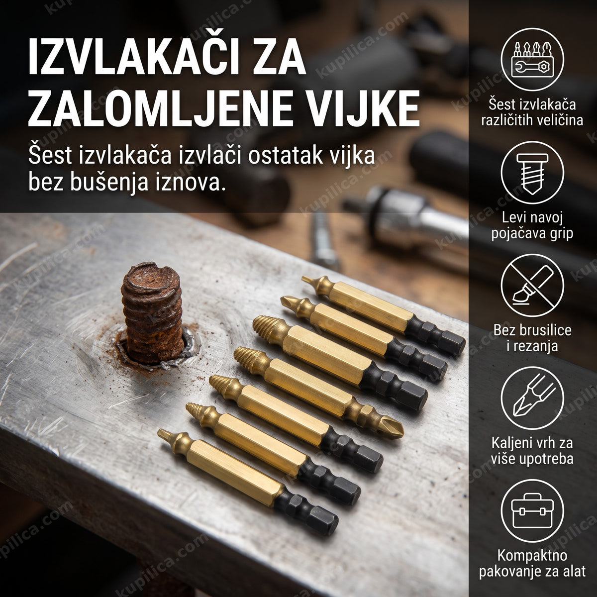 šest zlatnih izvlakača za zalomljene vijke na radnom stolu u radionici, benefiti proizvoda