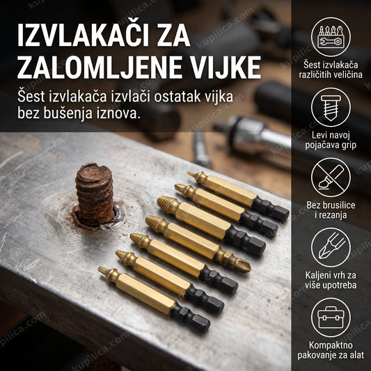 šest zlatnih izvlakača za zalomljene vijke na radnom stolu u radionici, benefiti proizvoda