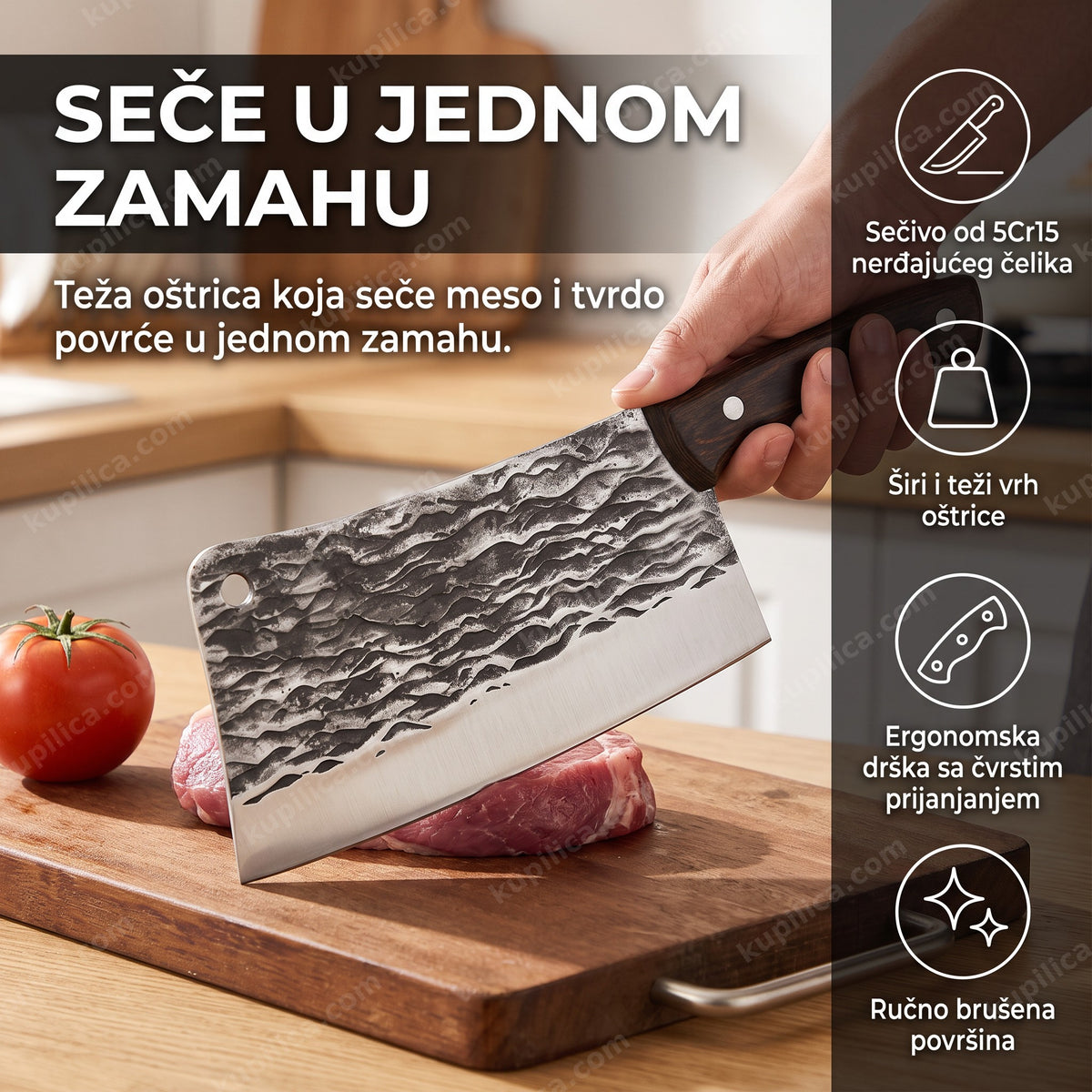 japanska satarica za meso seče komad mesa na drvenoj dasci u kuhinji, benefiti proizvoda
