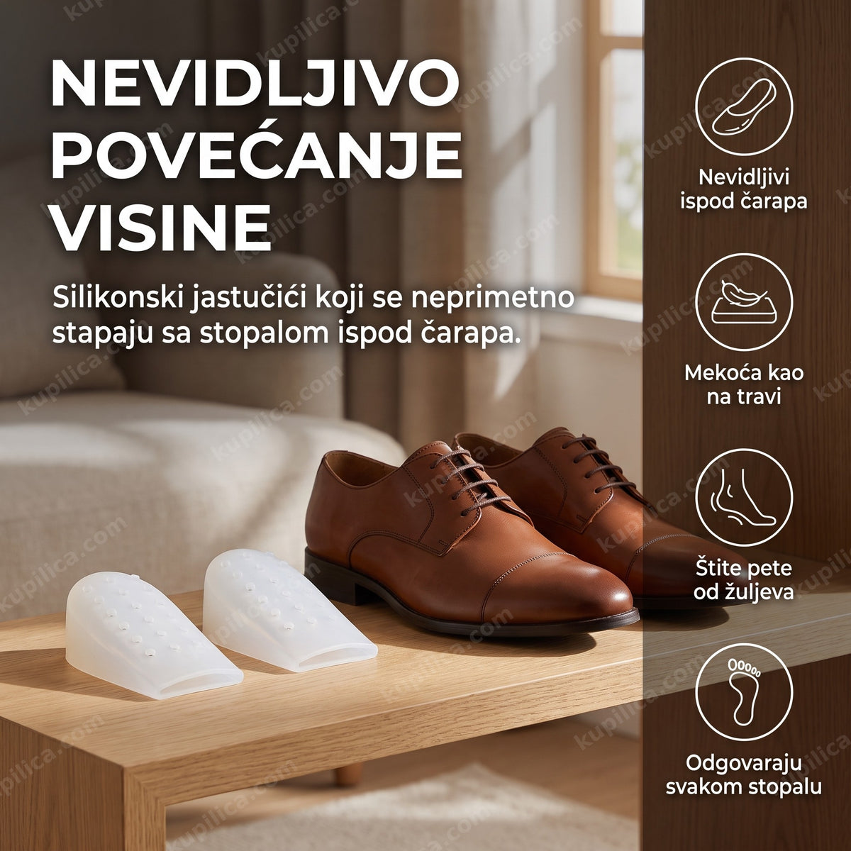 jastučići za povećanje visine na polici pored elegantnih cipela, benefiti proizvoda