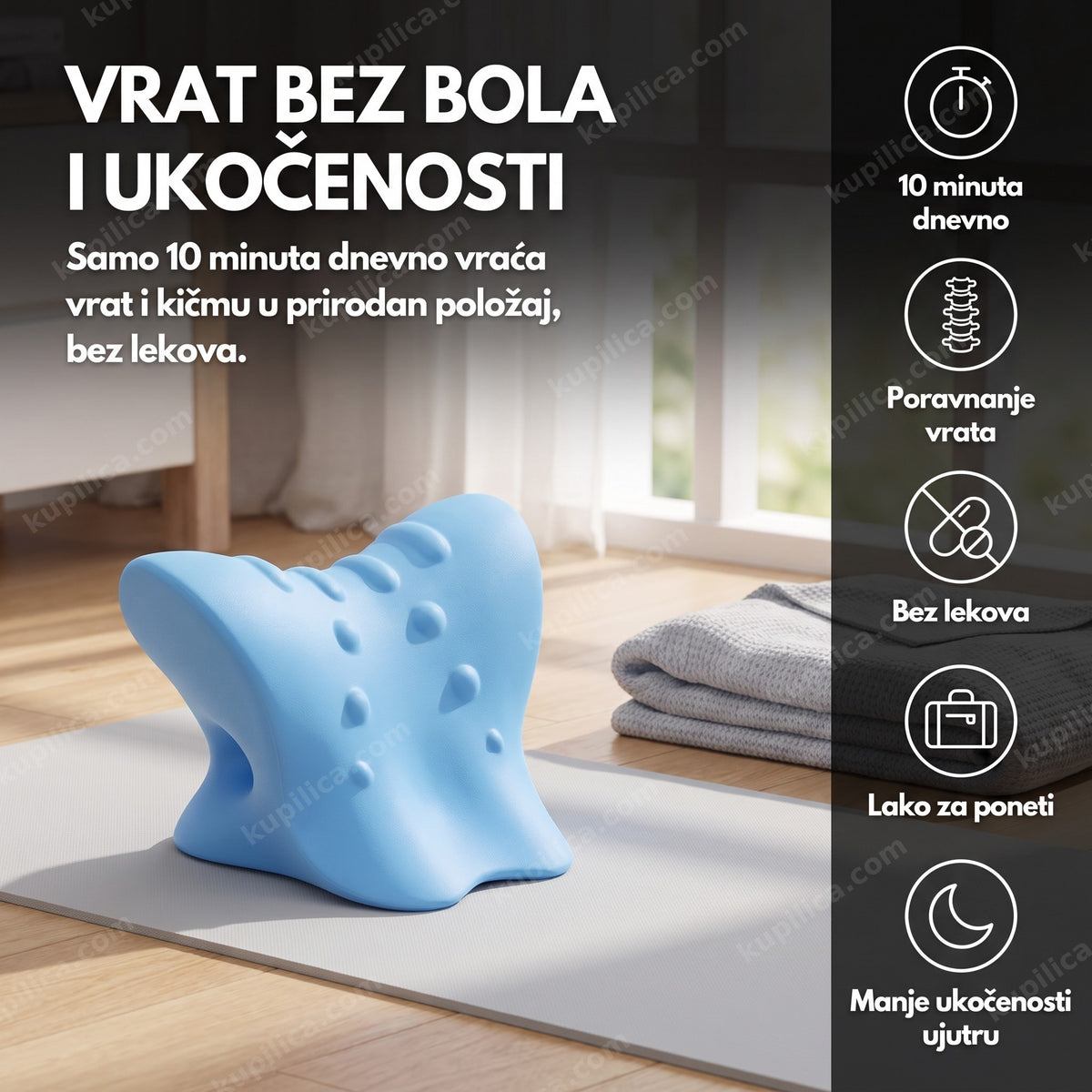 jastuk za istezanje vrata RelaxPillow na prostirci za jogu u spavaćoj sobi
