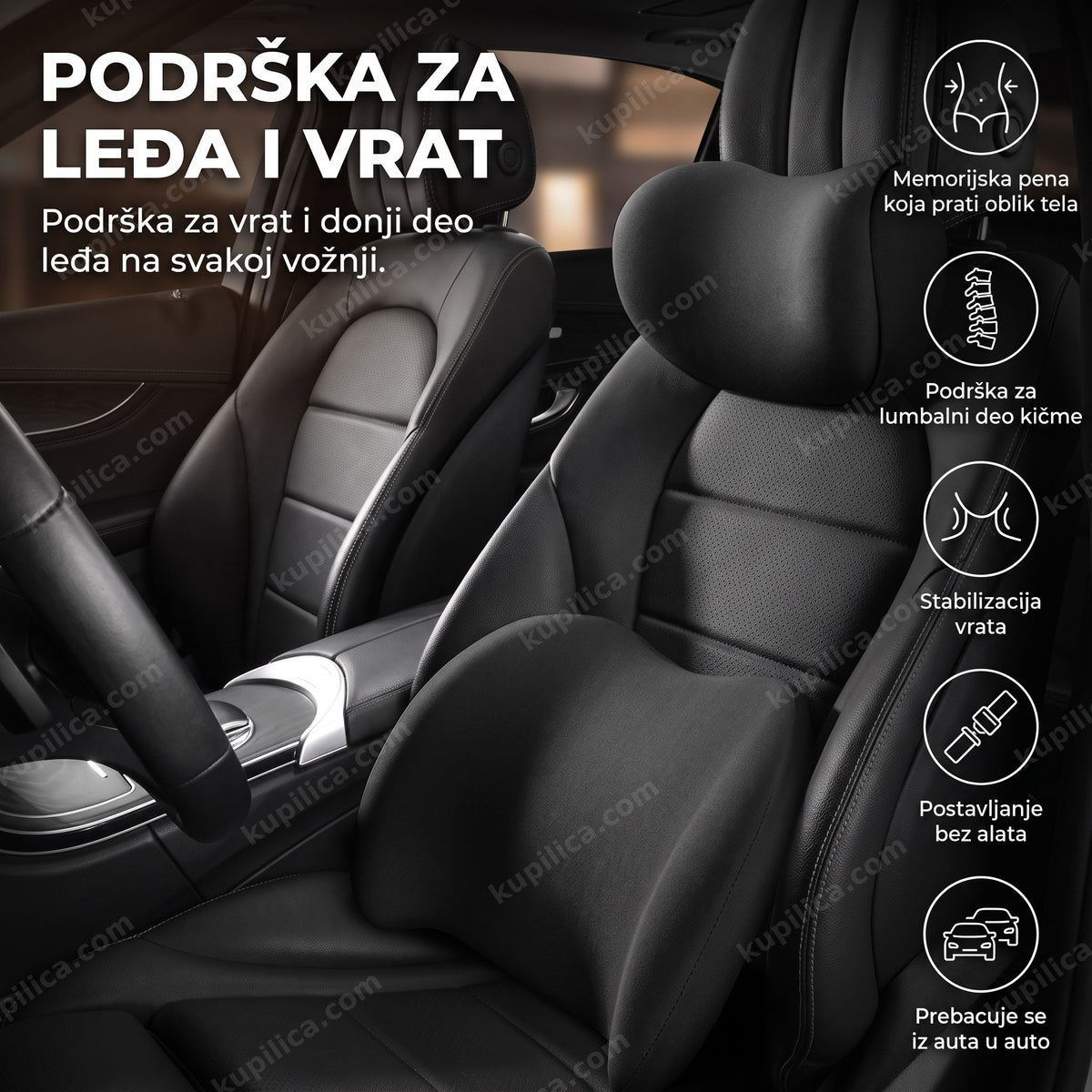jastuk za leđa i vrat za auto - memorijska pena postavljena na sedište vozila, benefiti proizvoda