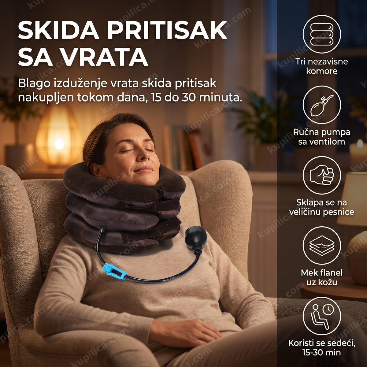 jastuk za trakciju vrata oko vrata opuštene osobe u dnevnoj sobi sa benefitima proizvoda