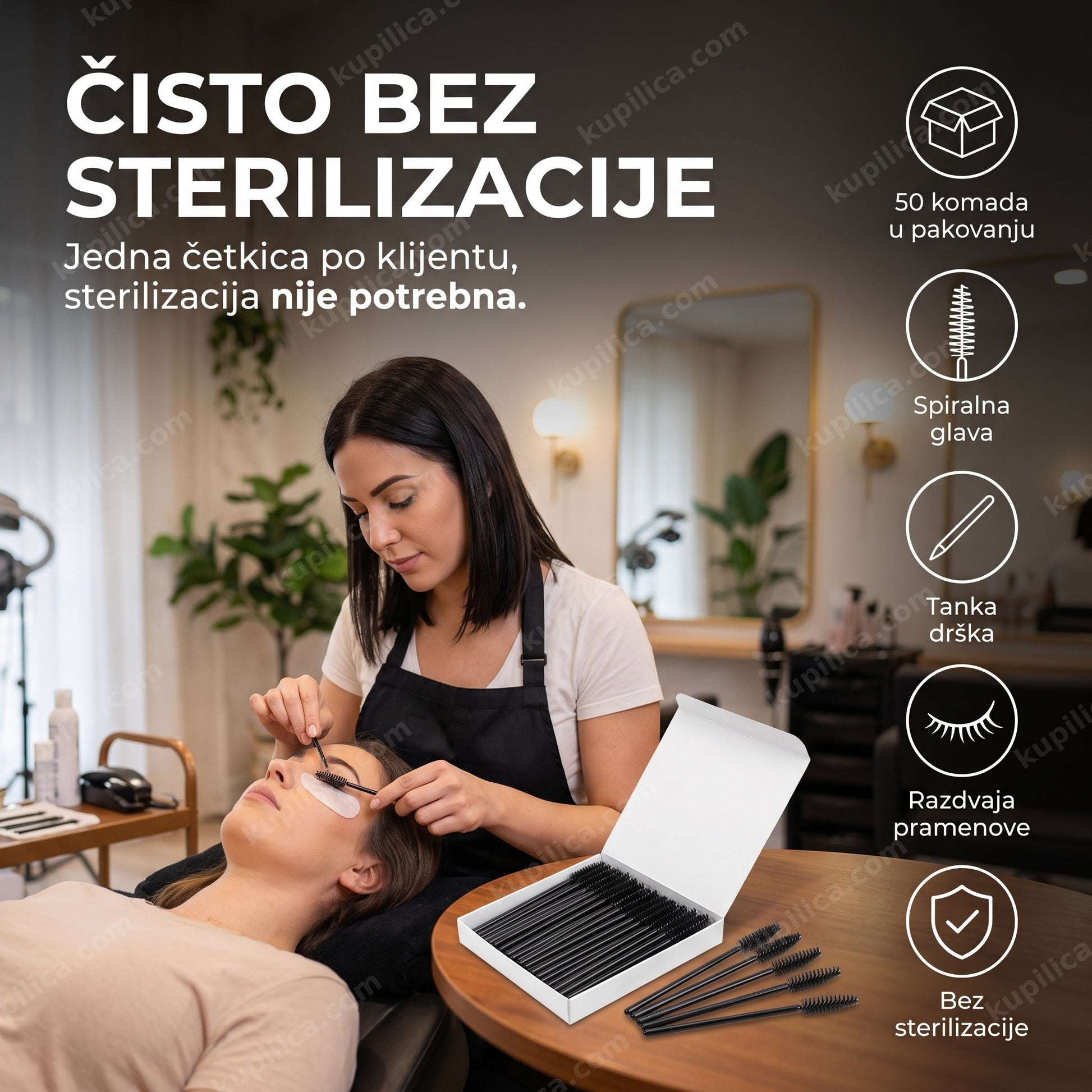 jednokratne četkice za trepavice — kozmetičar češlja ekstenzije trepavica spiralnom četkicom, čista četkica za svakog klijenta