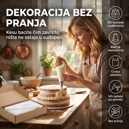 jednokratne kese za šlag — dekoraterka šprica kremu na tortu iz plastične kese za jednokratnu upotrebu