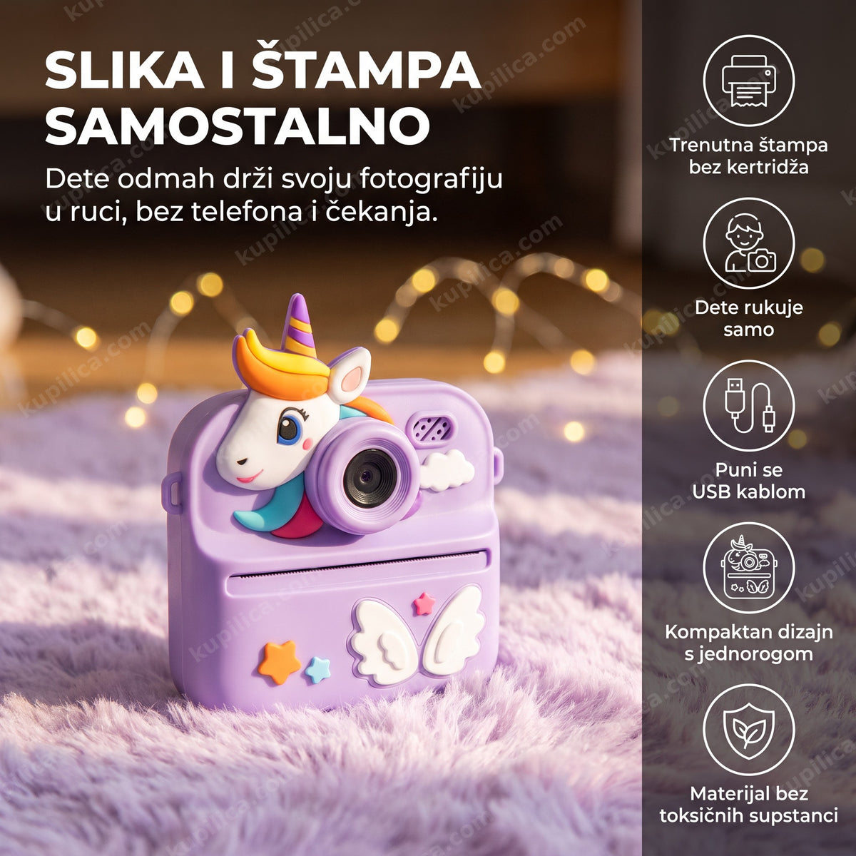 jednorog fotoaparat za decu sa štampačem na ljubičastom tepihu sa svetlucavim lampicama, benefiti proizvoda