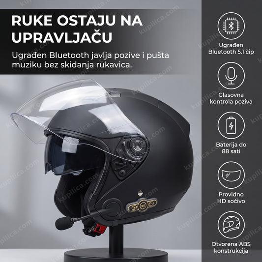 crna jet kaciga sa bluetooth handsfree sistemom i mikrofonom