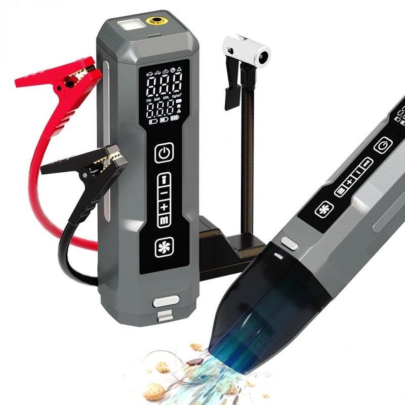 Jump starter CHELV A-020 sa pumpom i usisivačem, siva boja, digitalni ekran